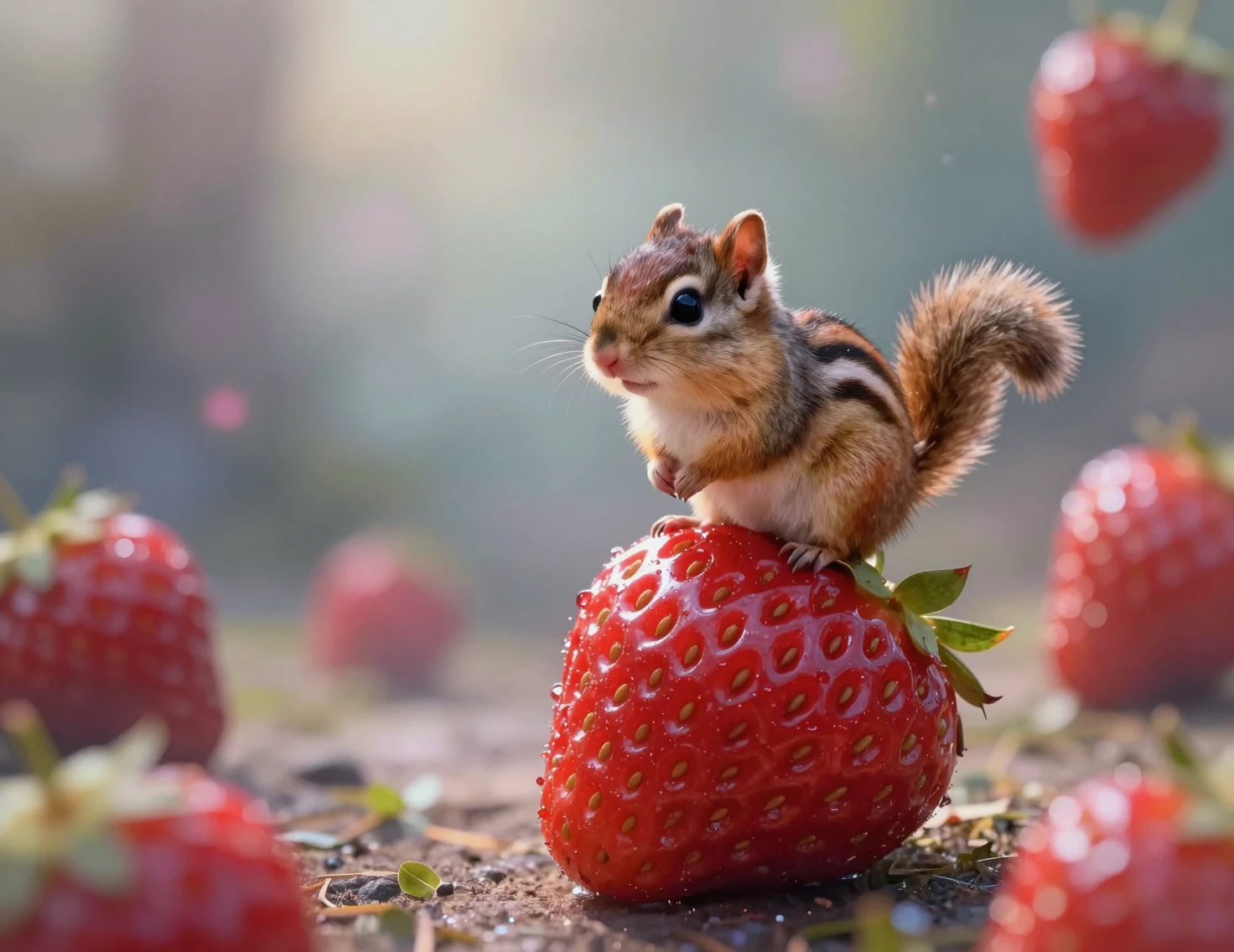 Tiny chipmunk perched on a giant red strawberry