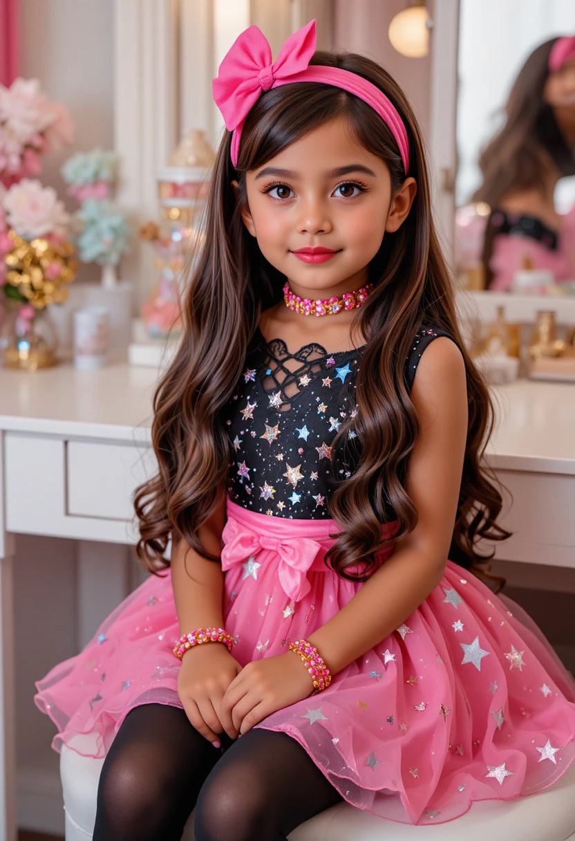 Garoto latino com vestido rosa de estrelas posando em frente à penteadeira