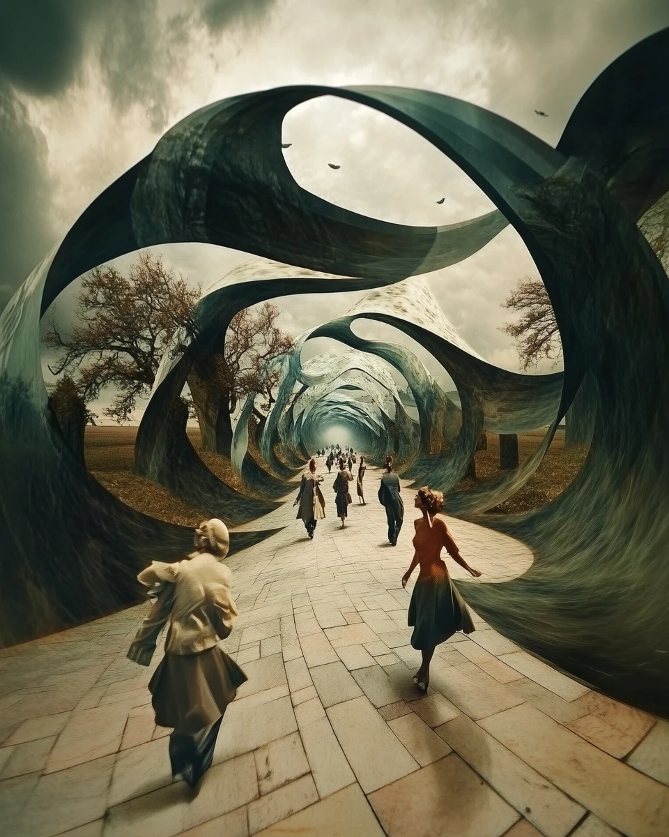Ilusão visual surreal com múltiplas cenas entrelaçadas