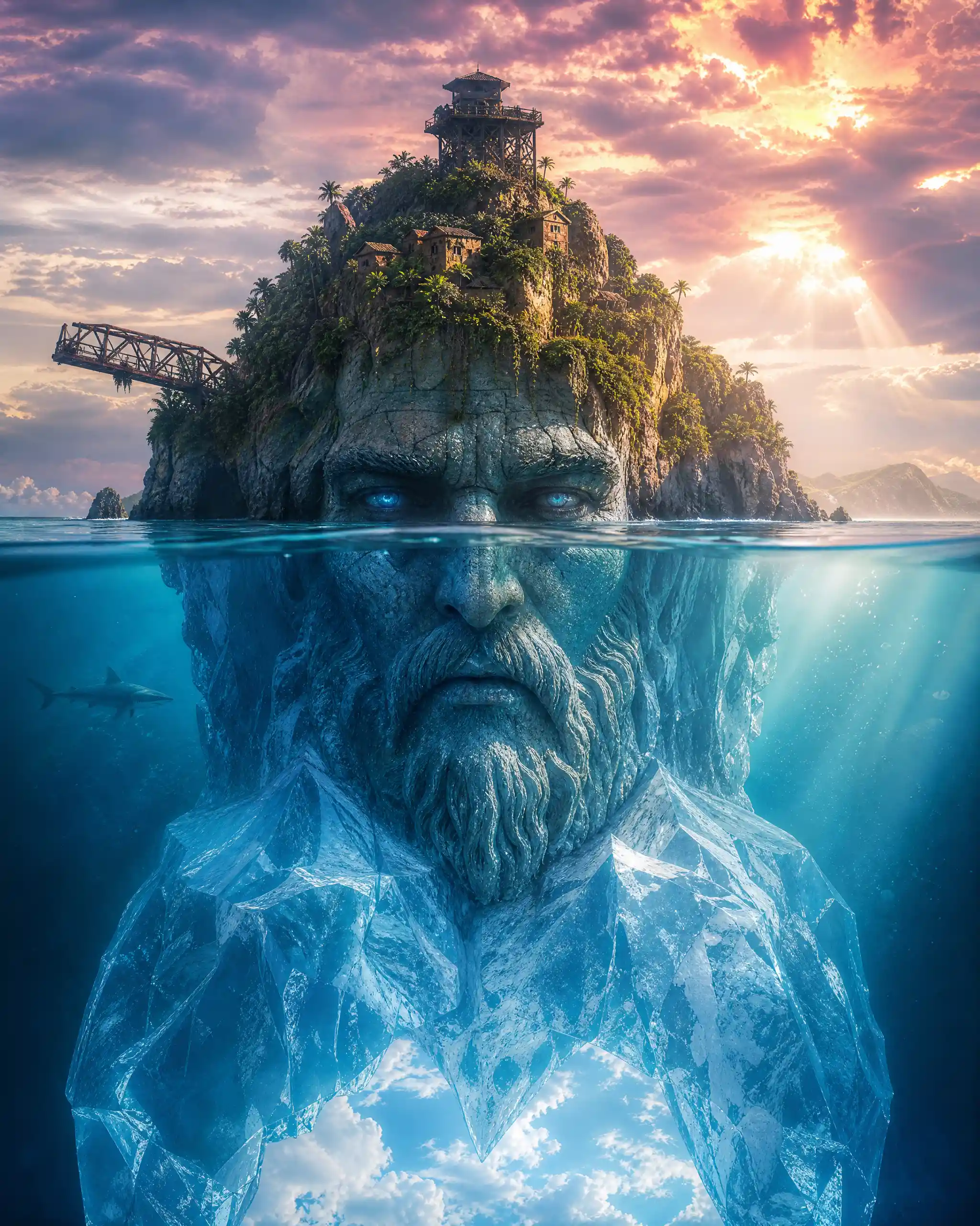 Surreal Tropical Island Above Submerged Stone Titan Face