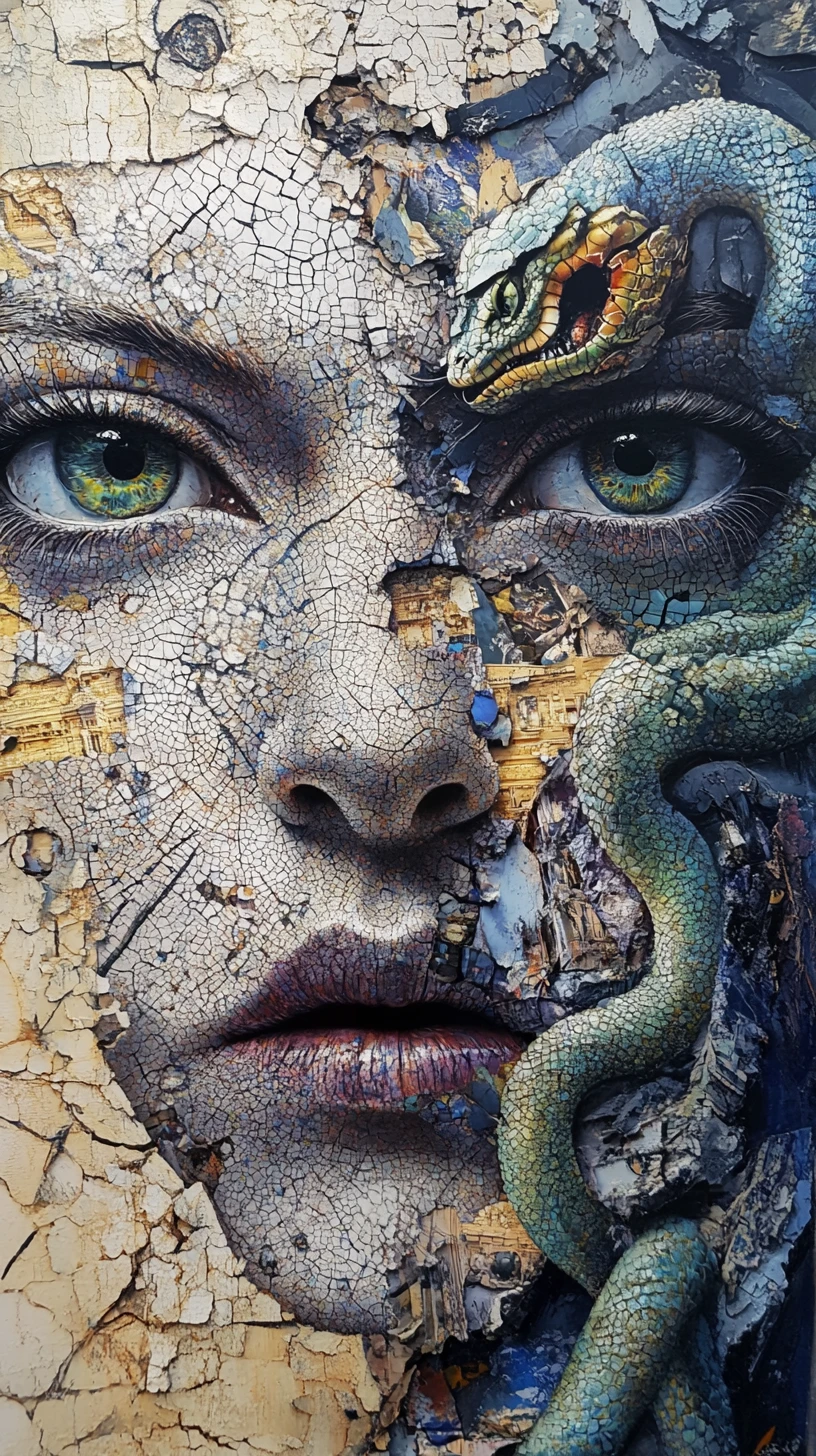 Visage fragmenté surréaliste fait d’yeux, de serpents et de paysages