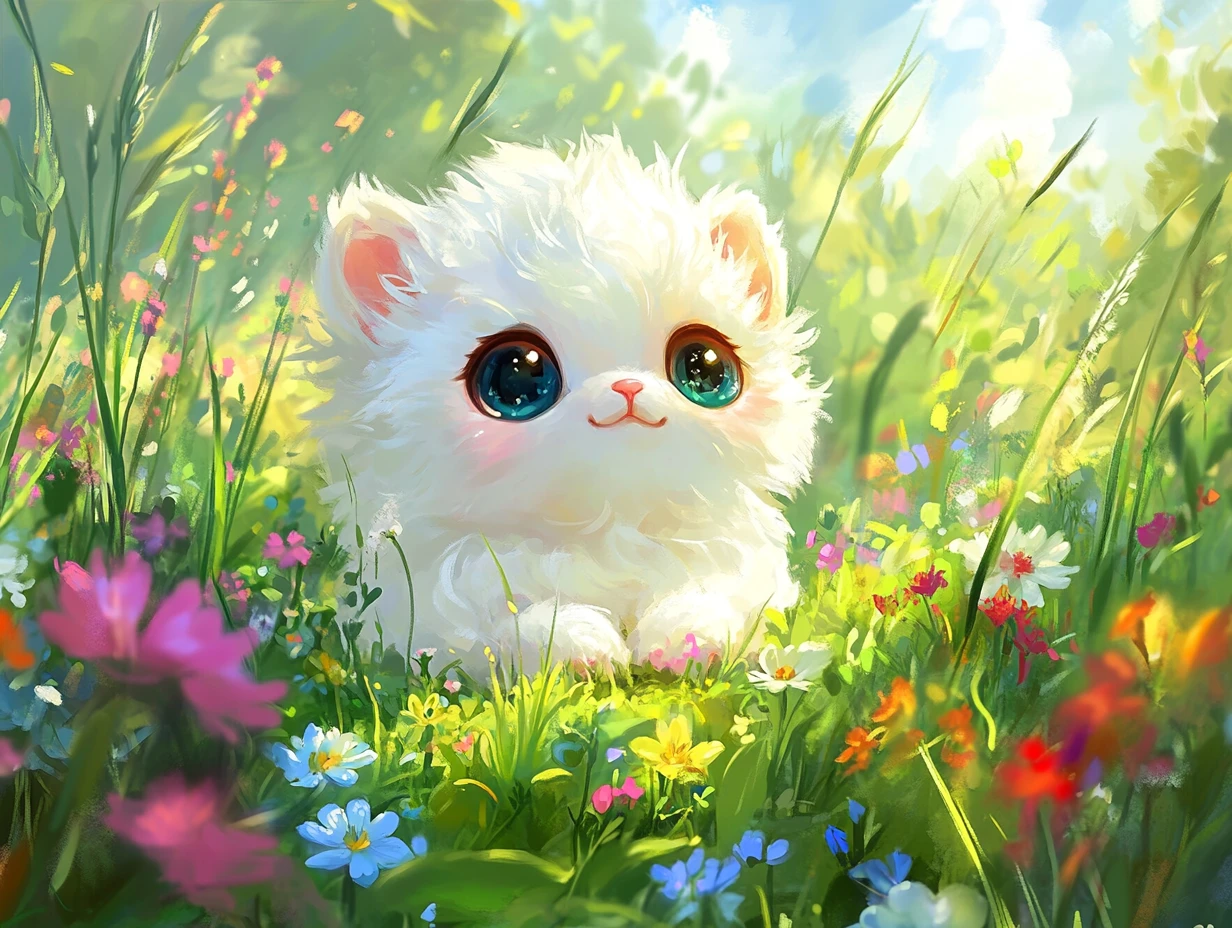 Adorabile cucciolo bianco in un prato verde e soleggiato