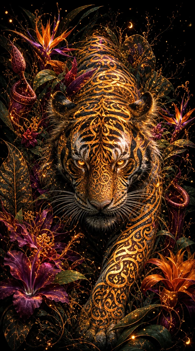 Tigre Lumineux Émergeant de Denses Fleurs de Jungle Tropicale
