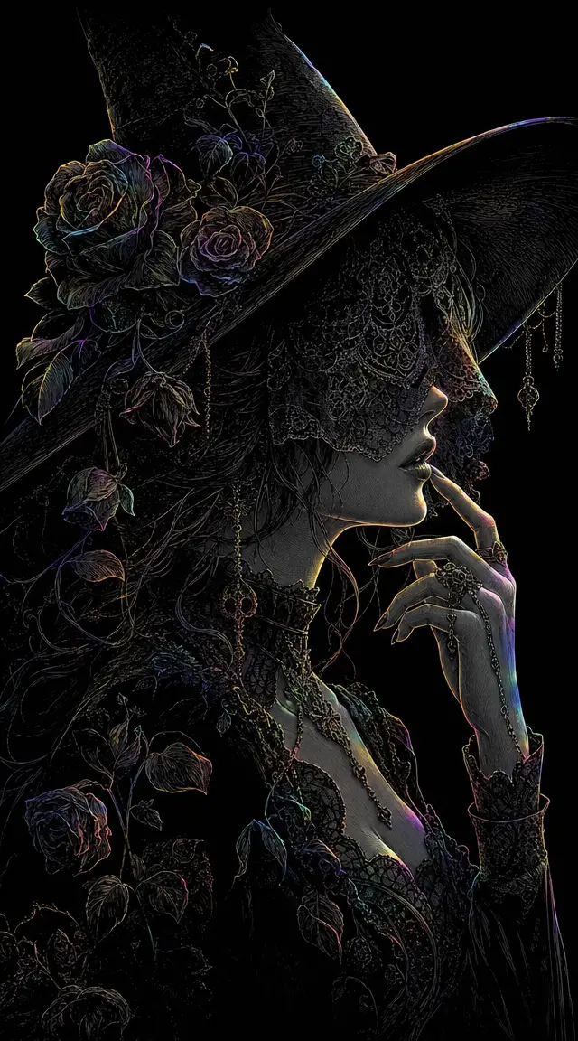Gothic sorceress in profile with lace veil and roses