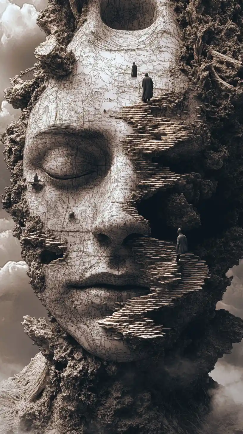 Surreal Human Face Transformed Into Symbolic Map Landscape