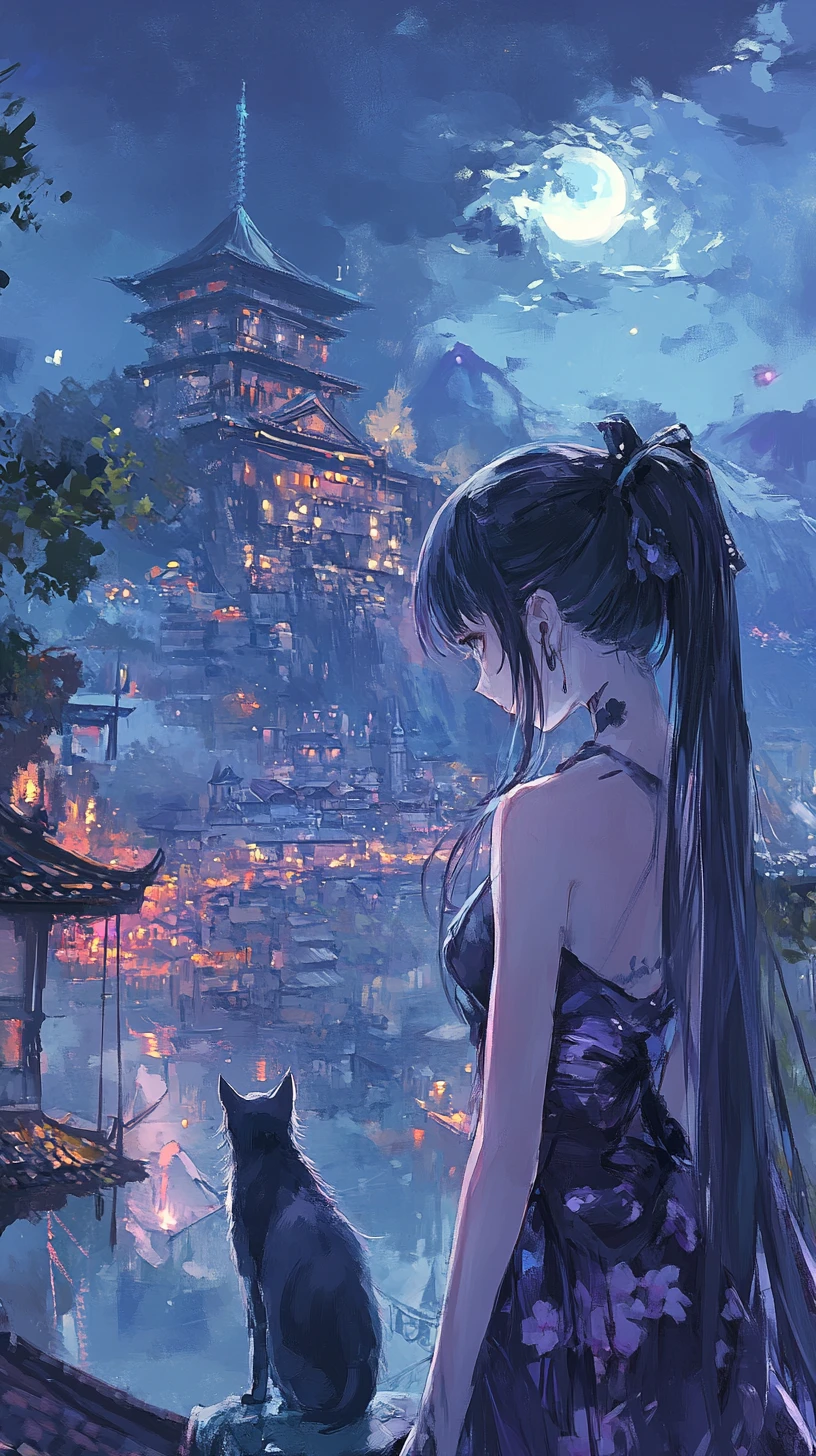 Jeune sorcière anime avec chat noir sous le ciel nocturne