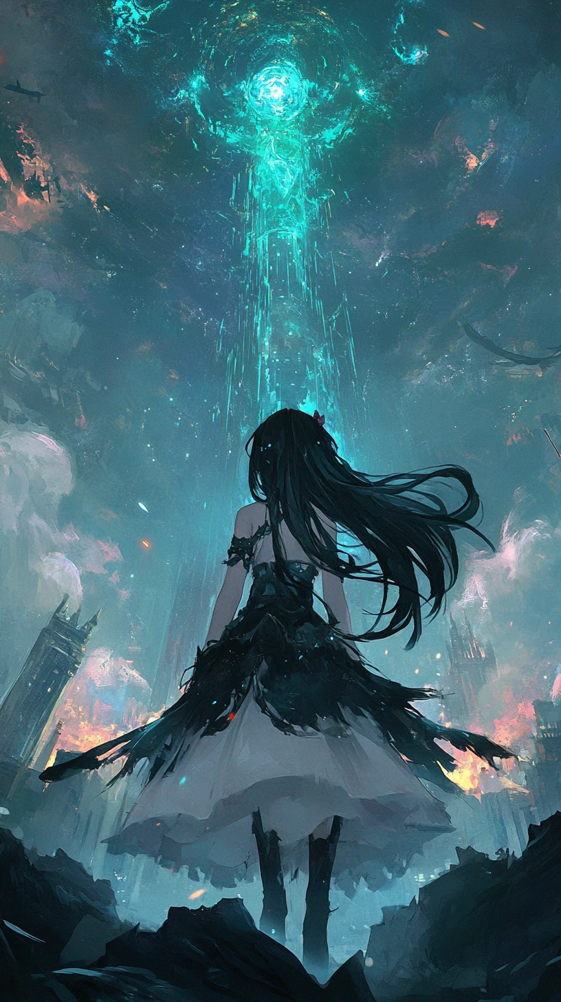 Ragazza anime fluttuante con coda di drago che tende la mano verso la luce del sole