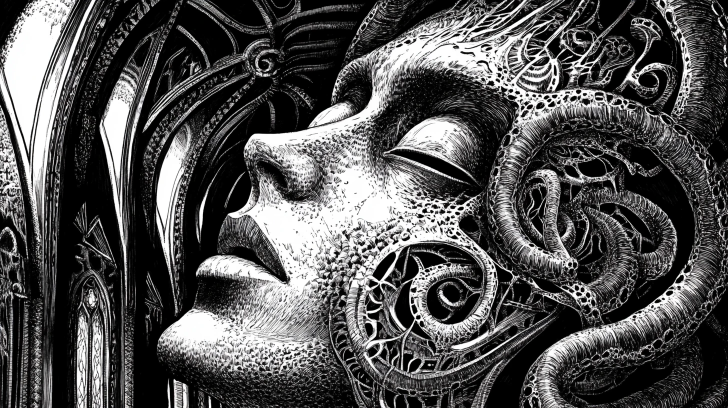 Surreales Menschen­gesicht, aufgespalten in gotischen Innenraum