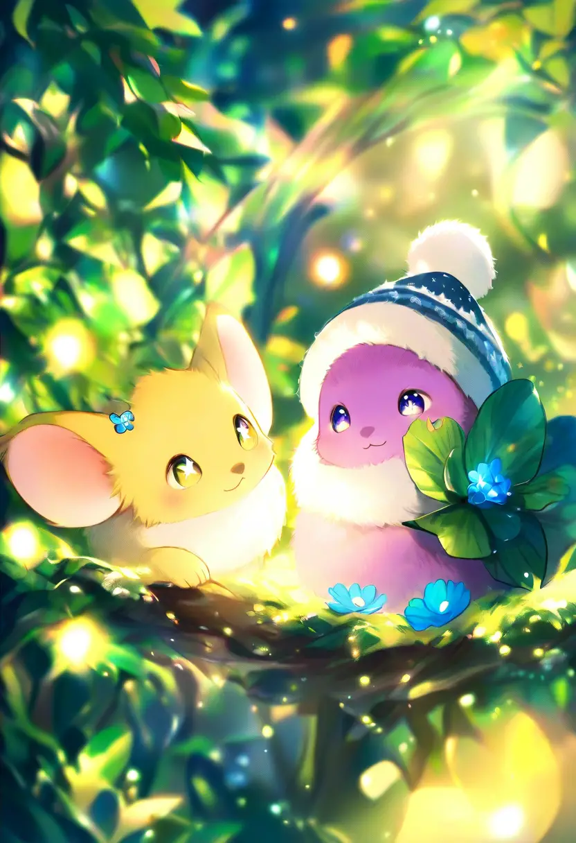 Tiny fluffy creatures on a leaf in a glowing forest
