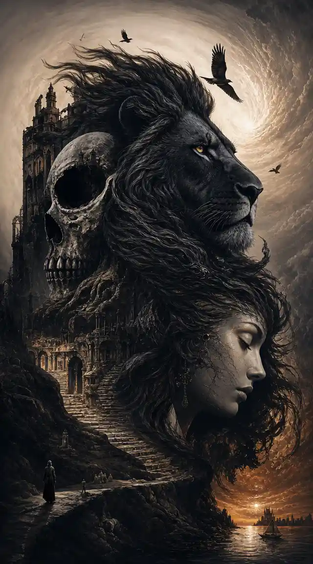 Surreal illusion of a black lion in abstract dreamlike space