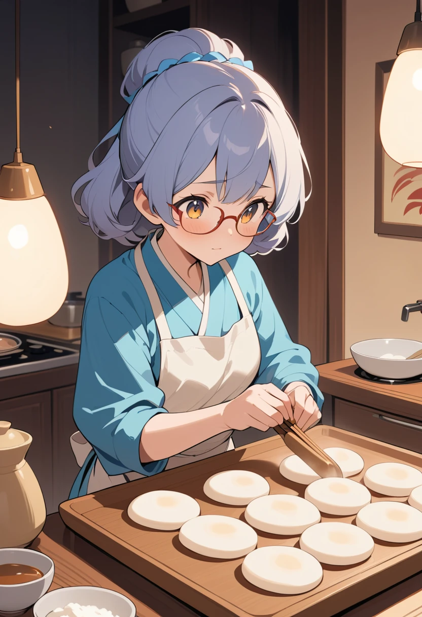 Elderly woman preparing mochi in a quiet predawn kitchen