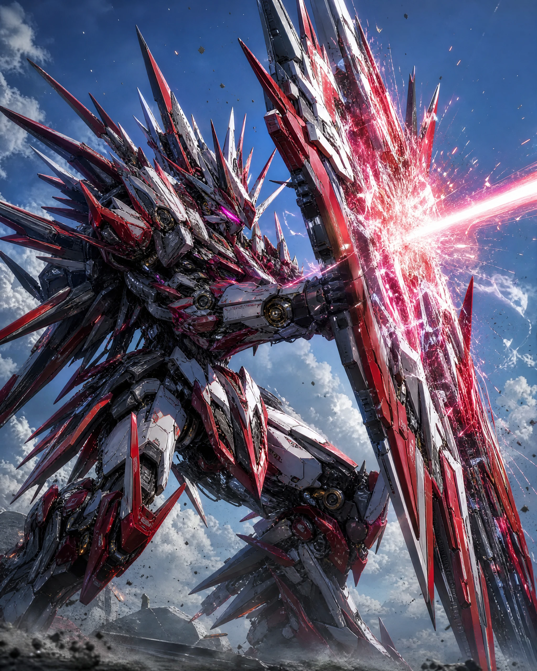 Imenso mecha com espinhos bloqueando um feixe de energia em chamas