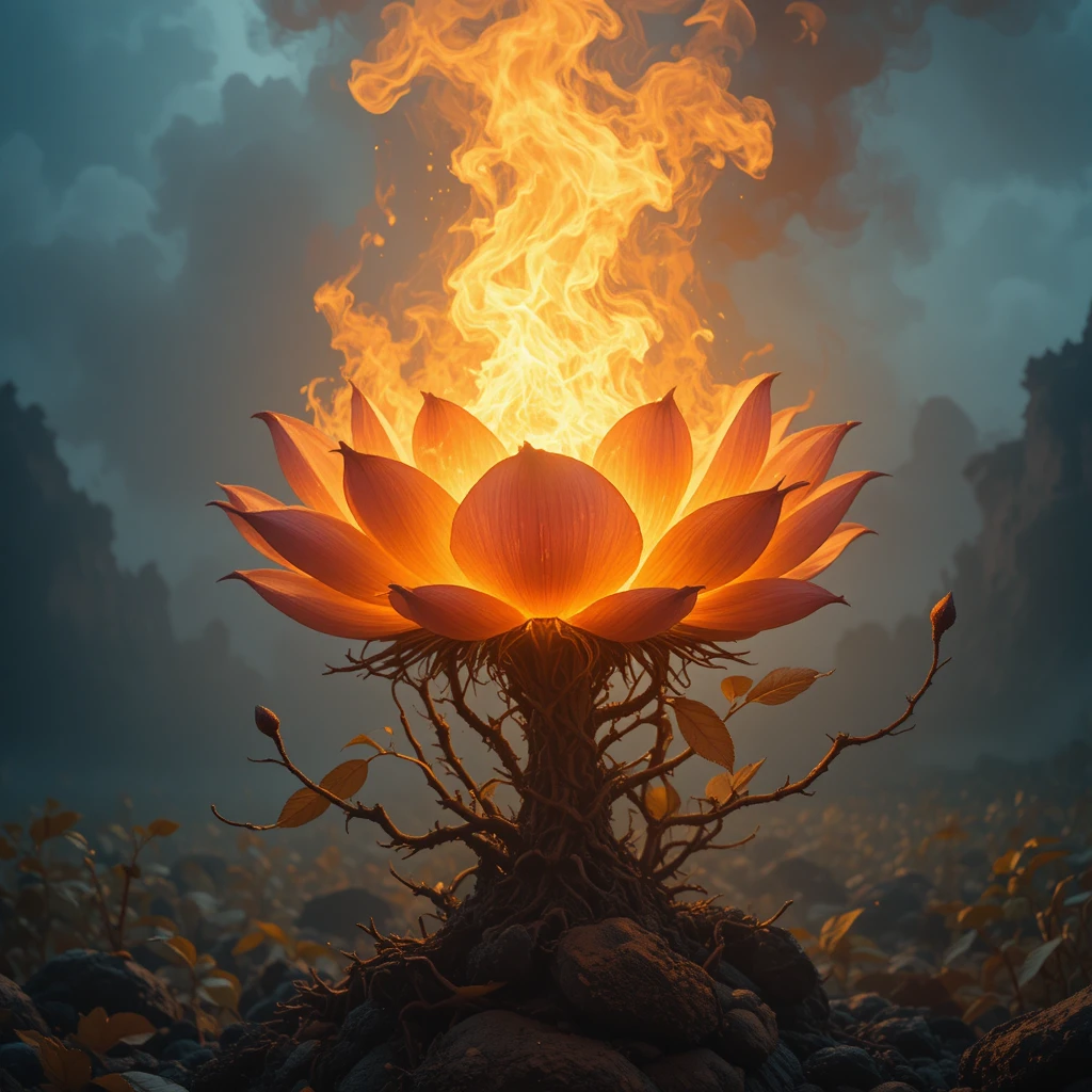 Mystische flammende Rose in einer traumhaften Landschaft