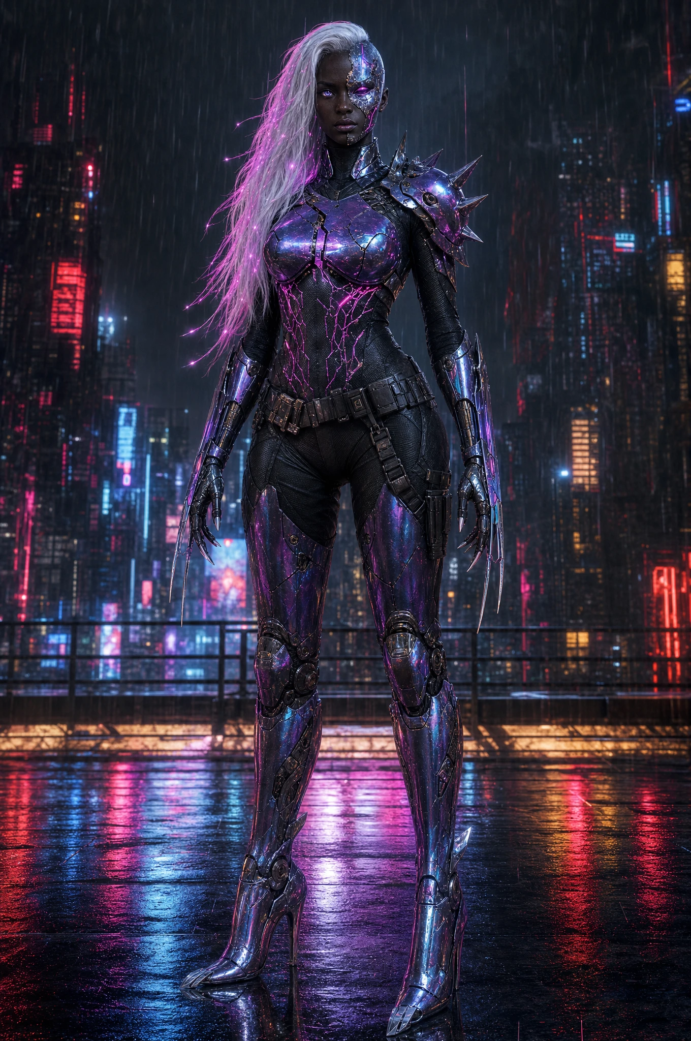 Guerreira cyberpunk em um terraço banhado por neon