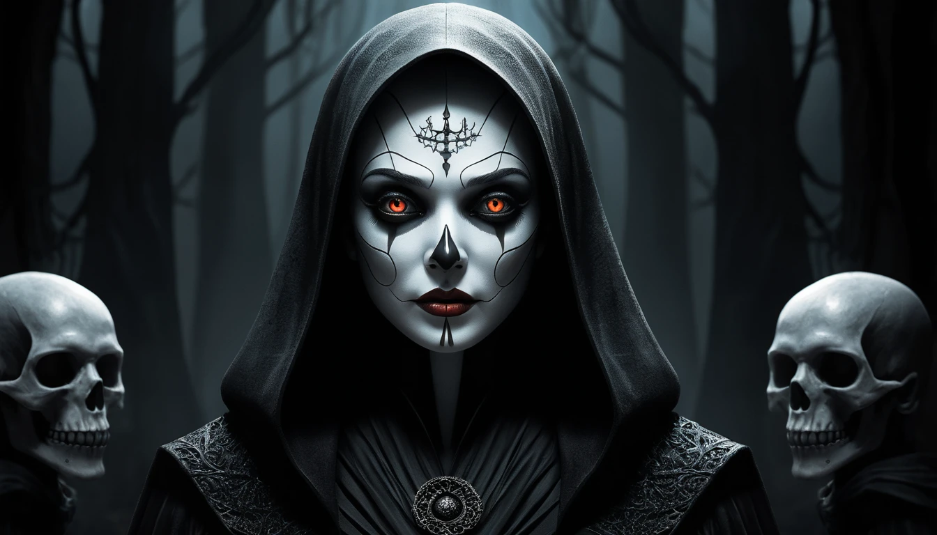 Donna in rito oscuro in una scena horror a fumetti pop-surrealista