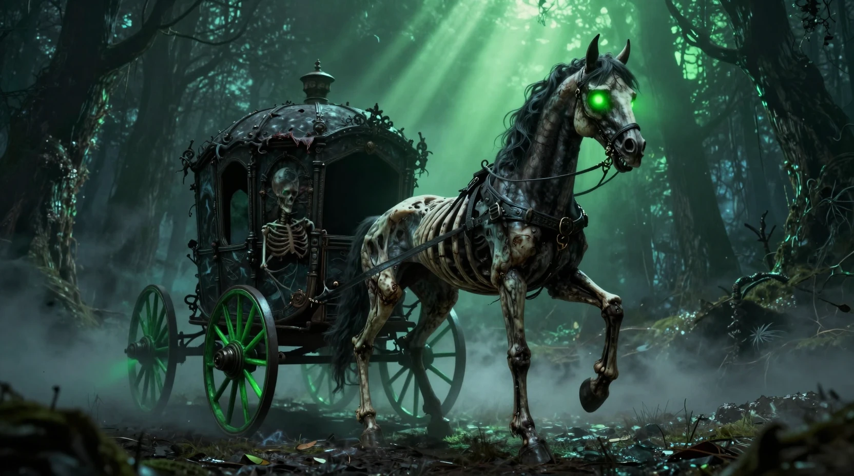 Cavallo scheletrico non morto che traina carrozza gotica in una foresta oscura