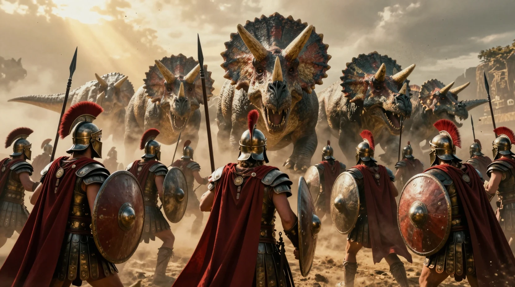 Guerreiros espartanos enfrentando dinossauros em investida em formação épica