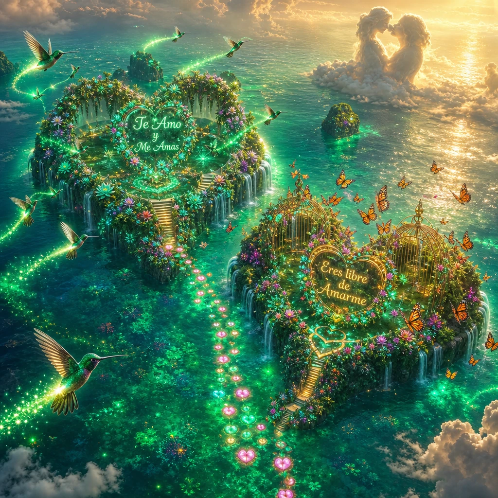 Vista aerea di isole tropicali fantastiche a forma di cuore luminoso