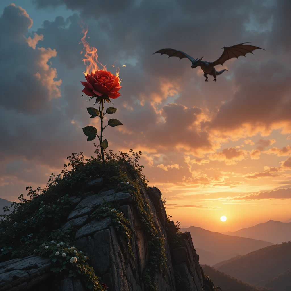 Rosa vermelha encantada no pico de montanha coberto de hera