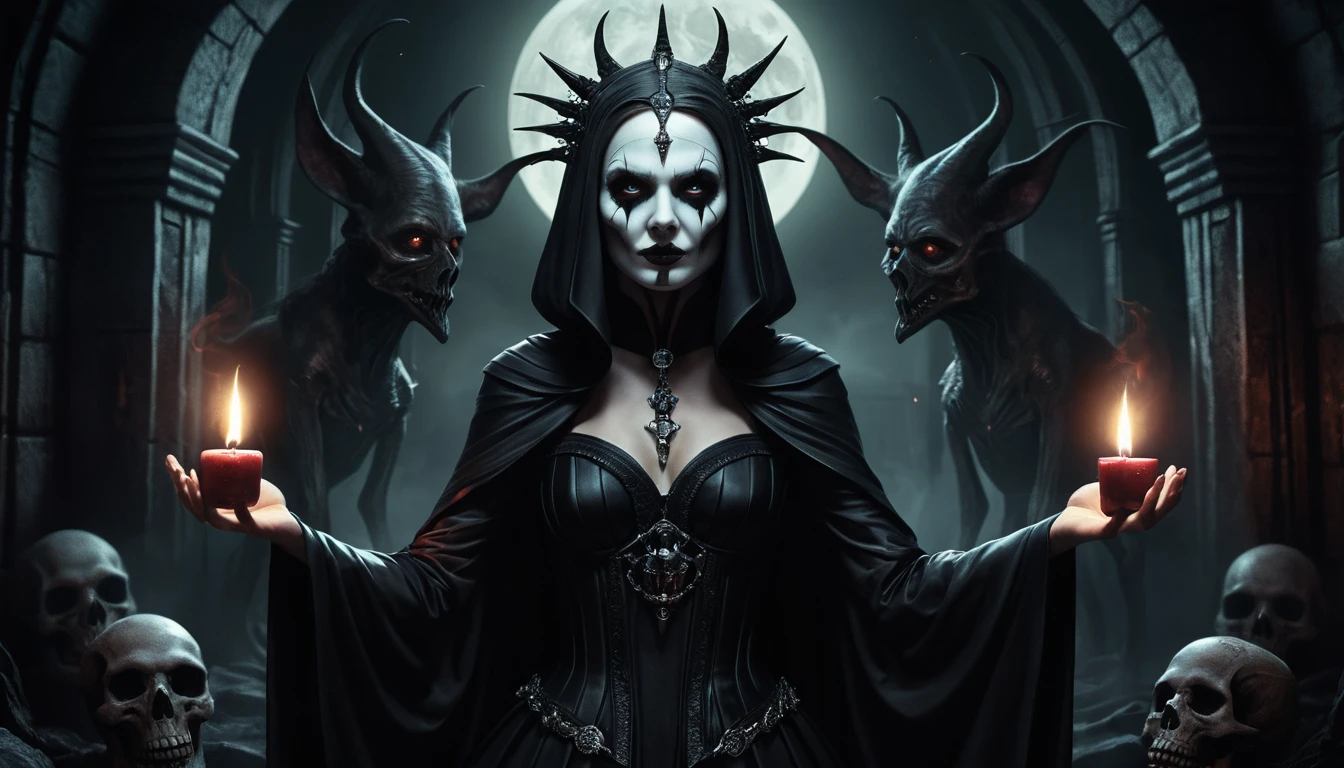 Mulher em ritual sombrio em uma cena surreal de terror pop