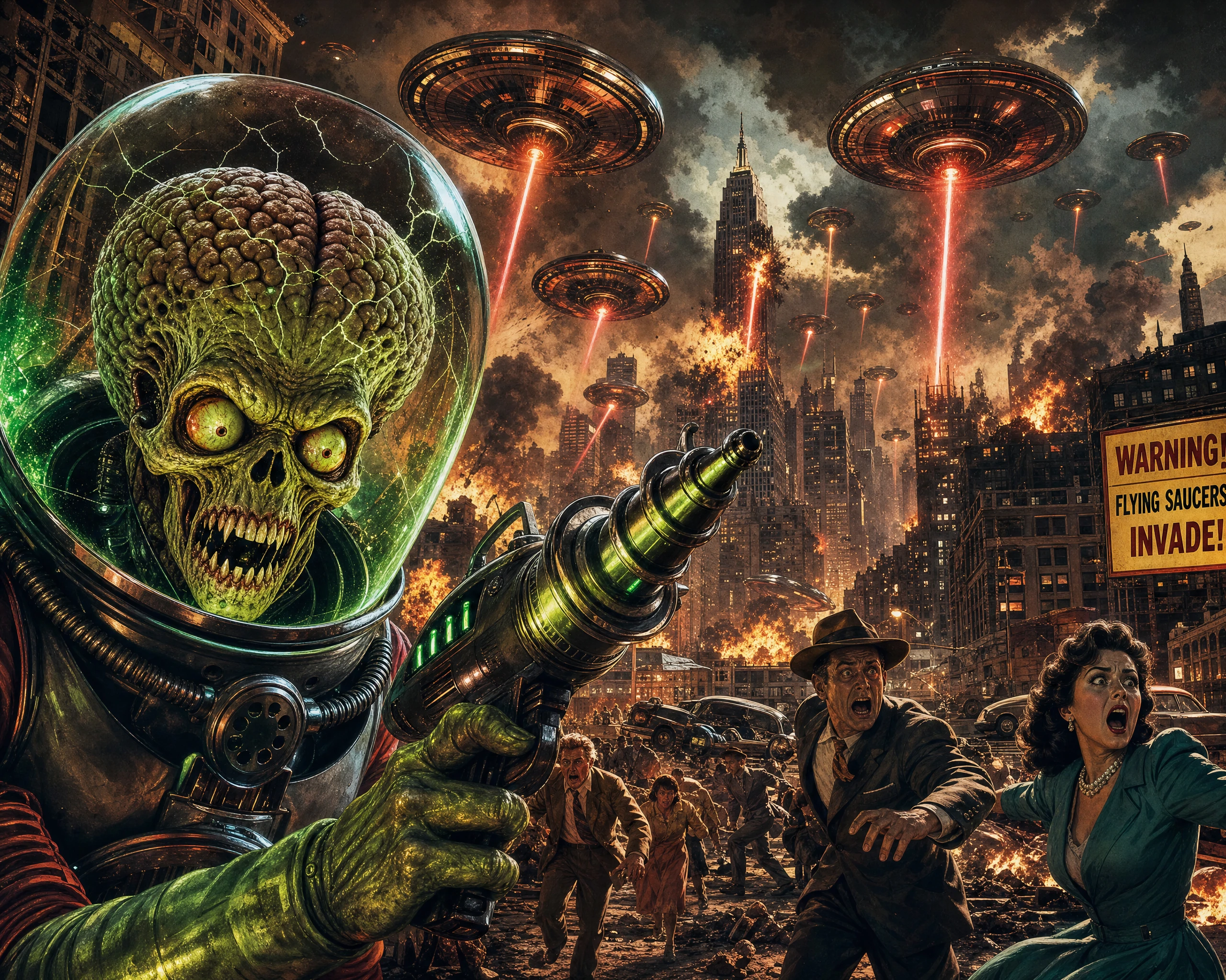 Alien amenazante se alza sobre caótica invasión a ciudad retro
