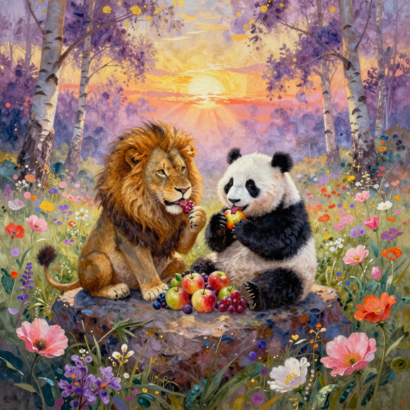 Leão e panda compartilhando comida em uma rocha no campo de flores ao pôr do sol