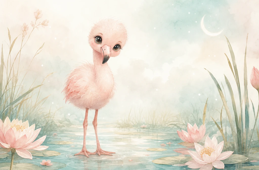 Ilustração de filhote de flamingo para quarto de bebê em cenário de pântano dos sonhos