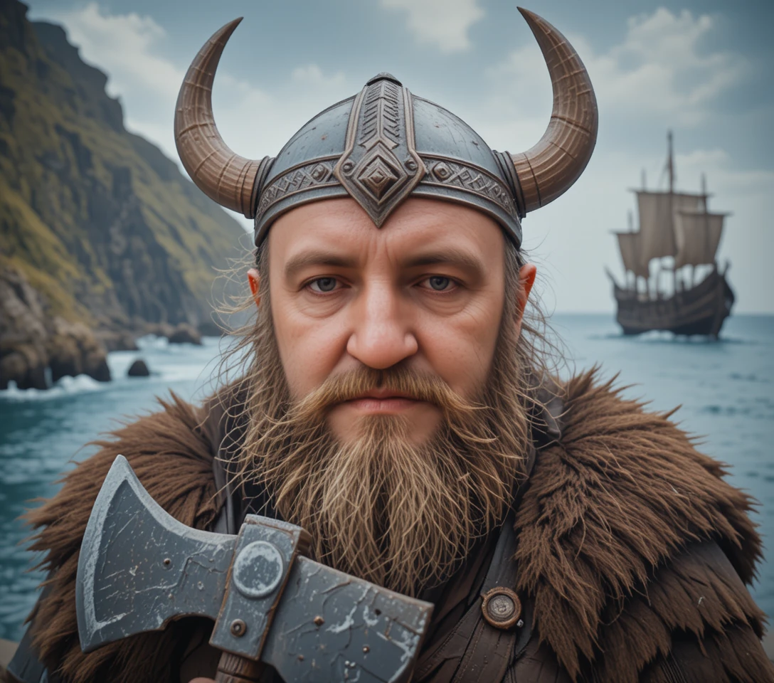 Ritratto di un feroce berserker vichingo sulle scogliere a picco sul mare