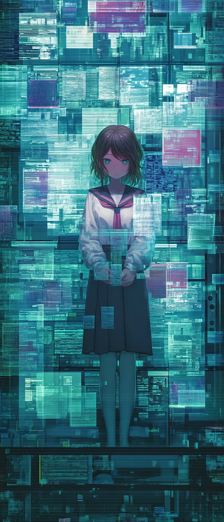 Spirito anime che tocca icone di salvataggio luminose nel vuoto digitale