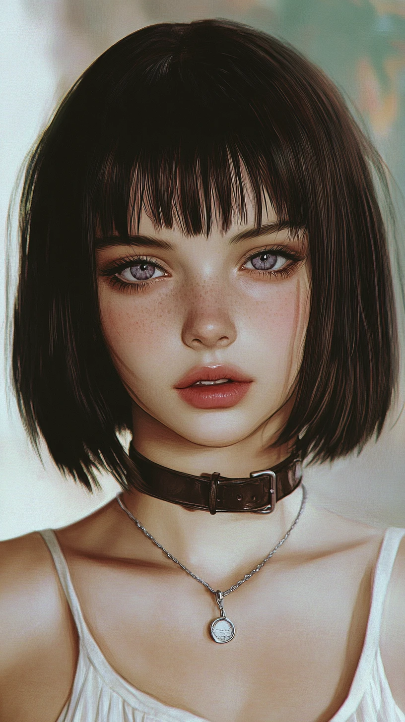 Retrato de chica de anime con gargantilla y intensos ojos gris violeta