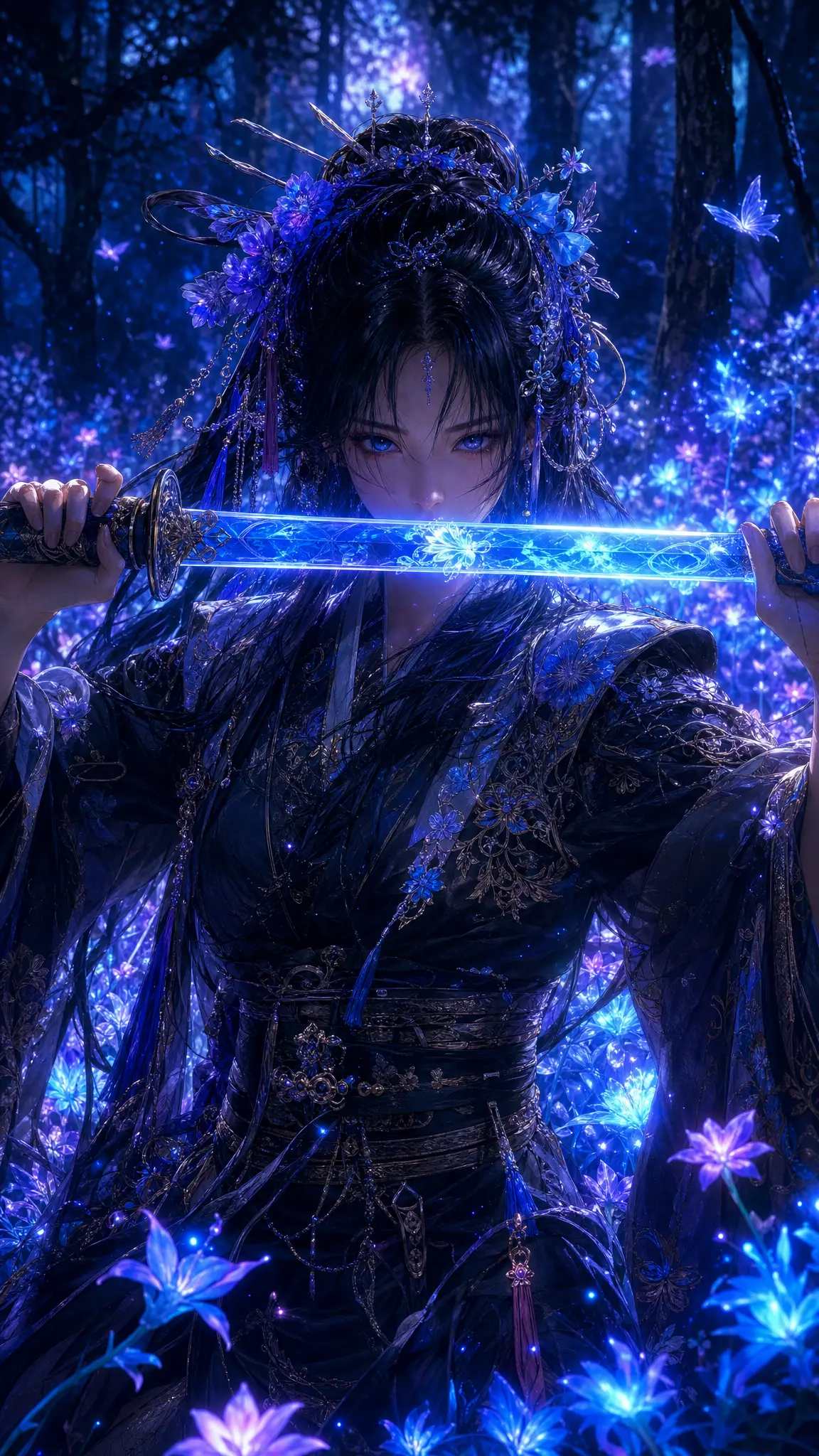 Kunoichi with glowing katana in a mystical forest