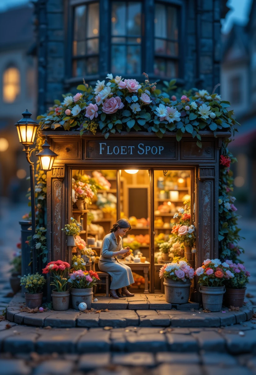 Winziger Tilt-Shift-Blumenladen, der in der Dämmerung warm leuchtet