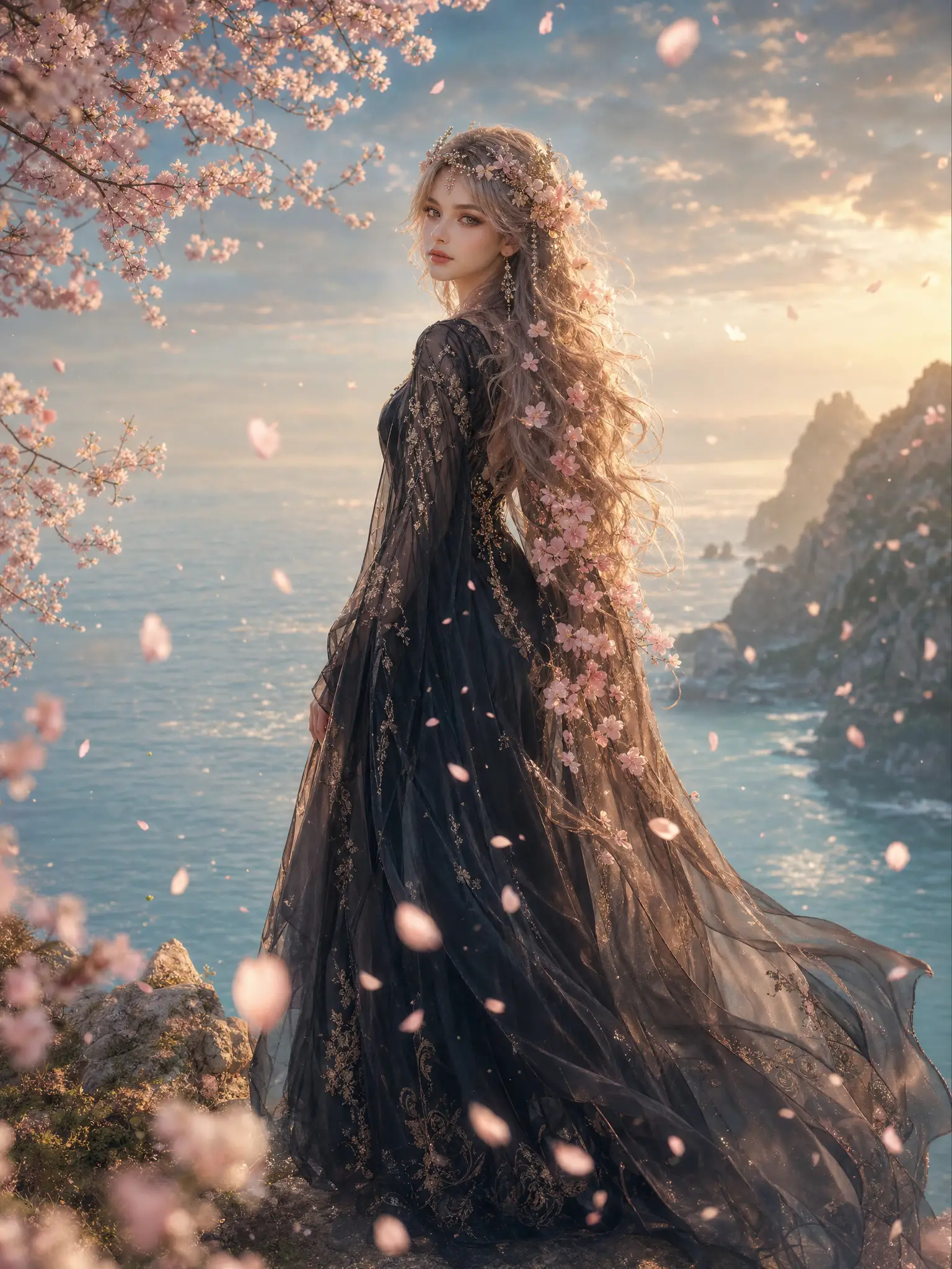 Woman in black among falling pink cherry blossoms