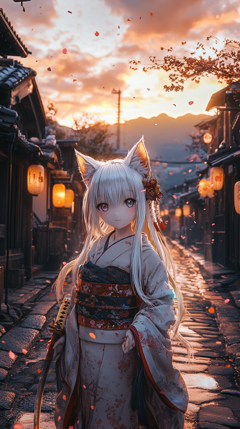 Ragazza gatto in kimono logoro in un'antica strada giapponese