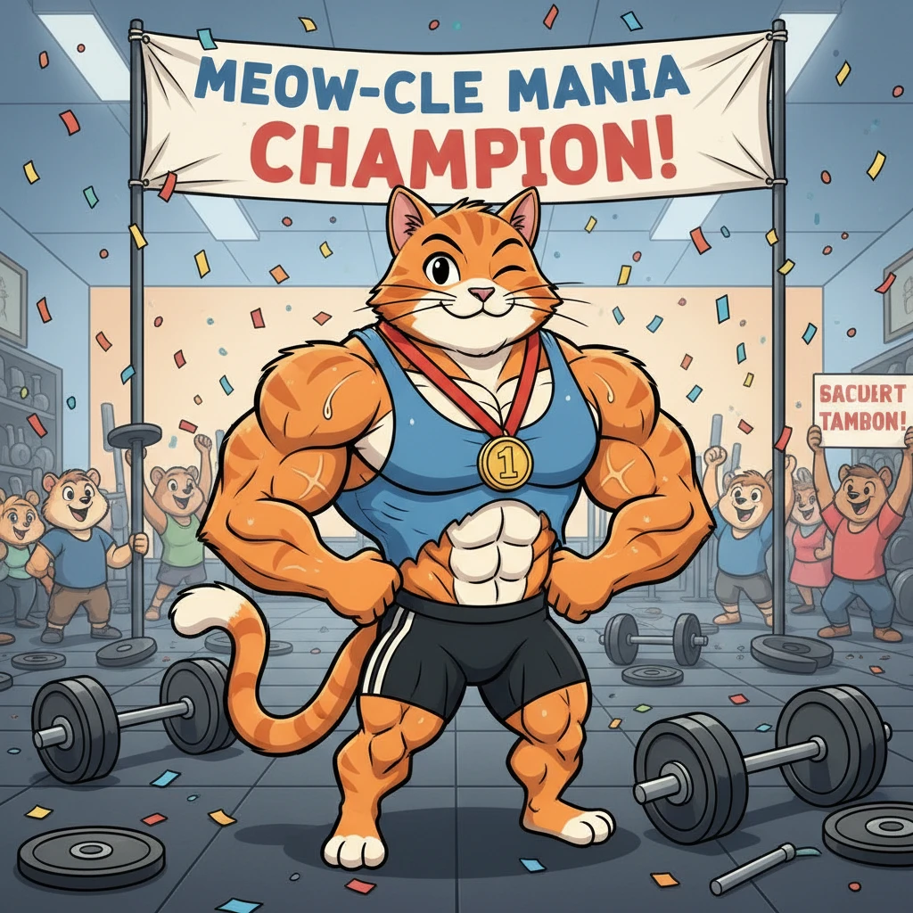 Chat musclé de dessin animé posant fièrement dans une salle d’haltérophilie