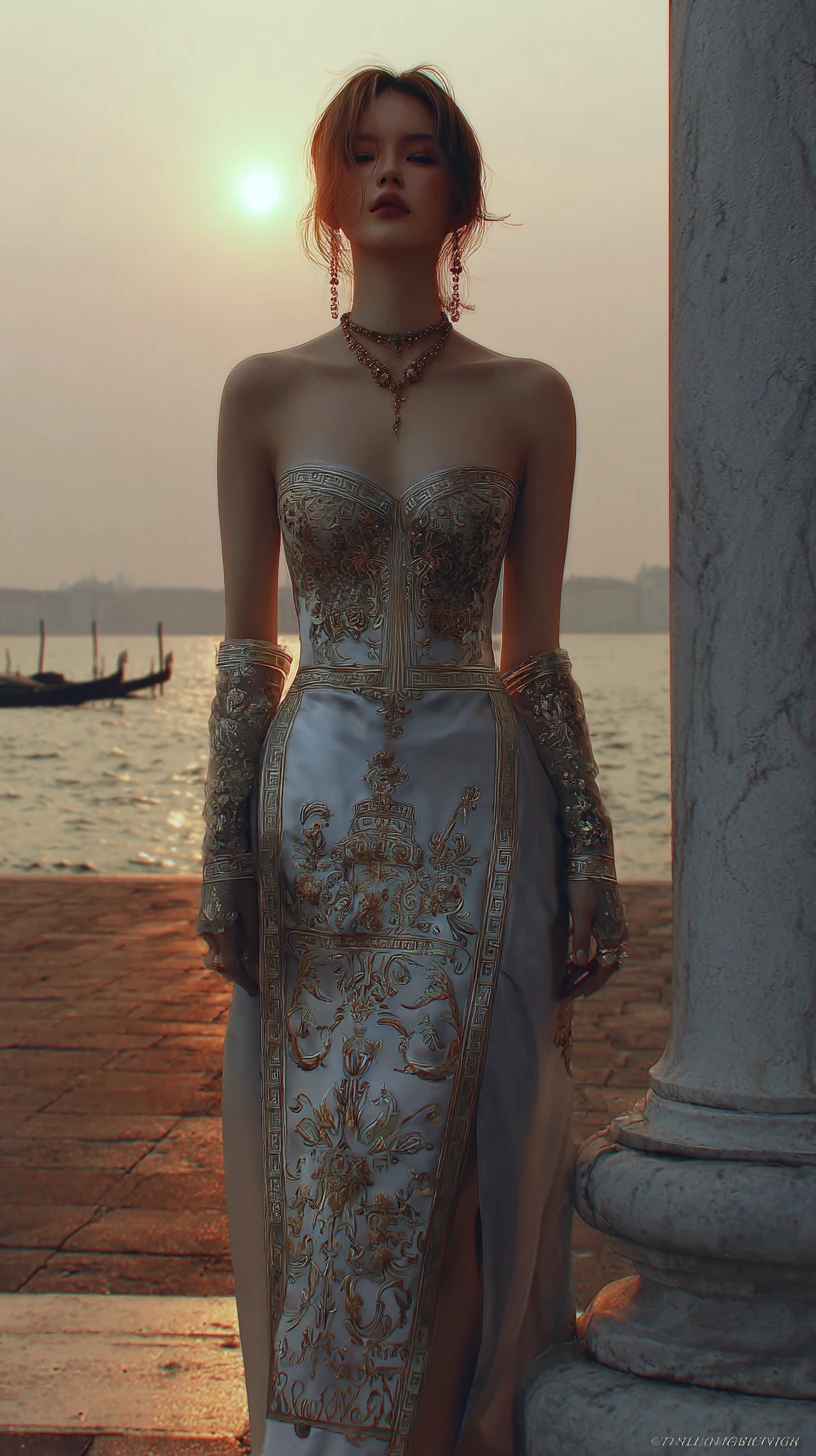 Modelo de moda em Veneza ao pôr do sol em visão de corpo inteiro