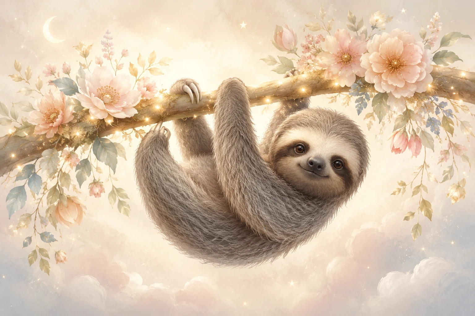 Ilustração de filhote de bicho-preguiça fofo em galho floral brilhante para quarto de bebê