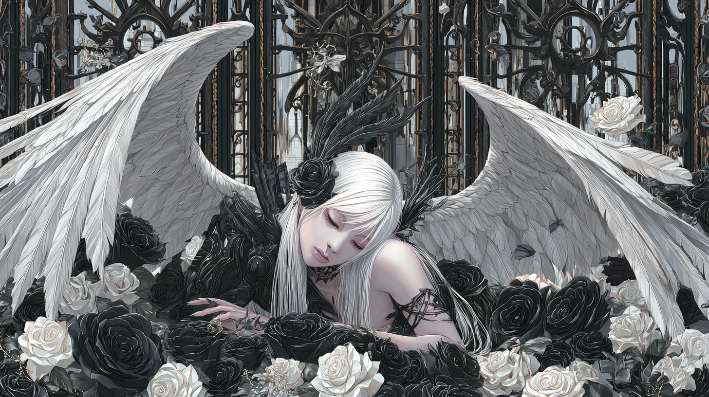 Ángel punk de alas negras en un oscuro jardín de rosas