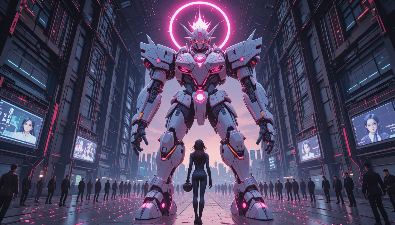 Colossal mecha de sakura despertando em hangar de cidade cyberpunk
