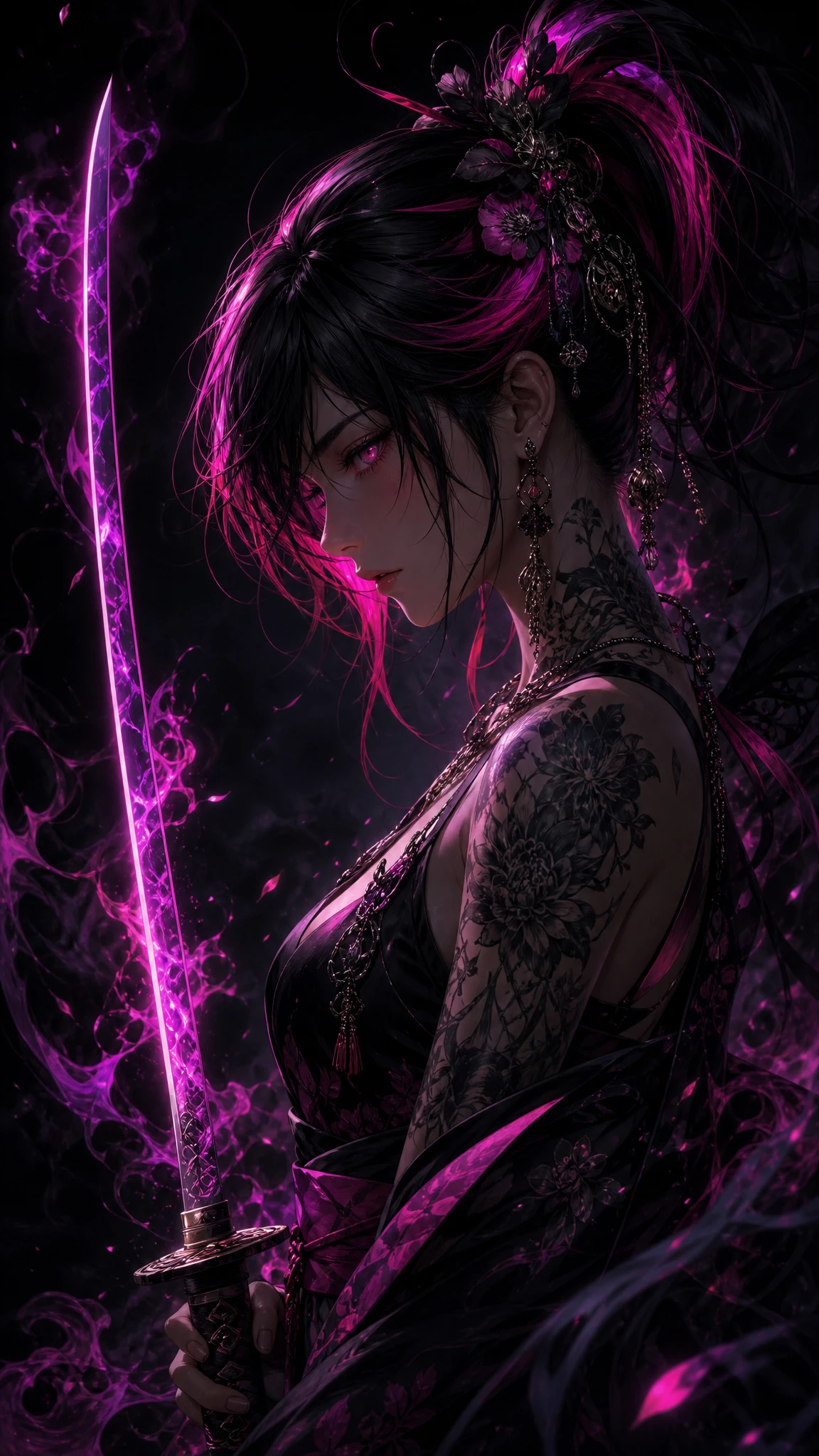 Guerrière d’anime de profil avec katana violet lumineux