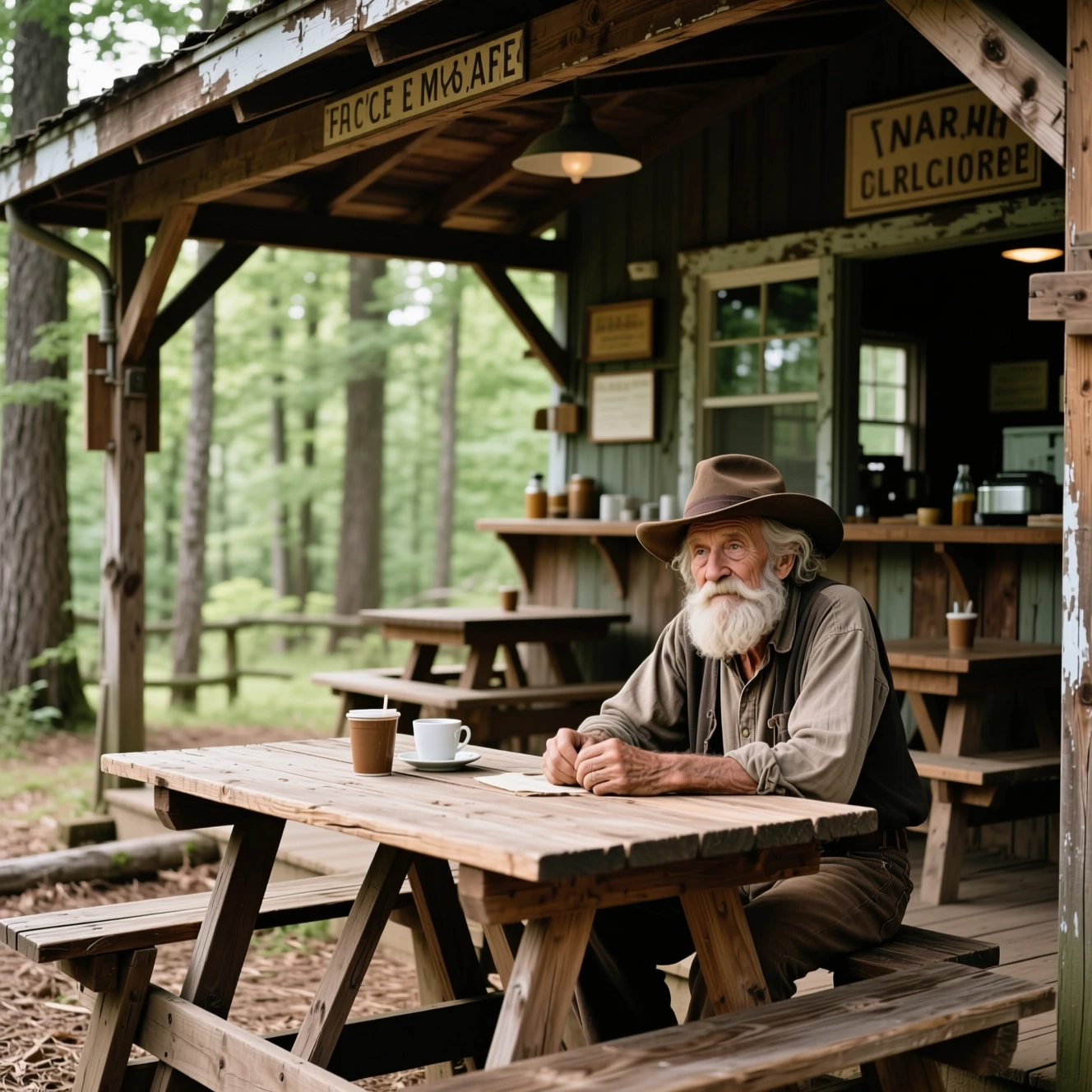 Vieil homme assis à une table de café en bois rustique dans les bois