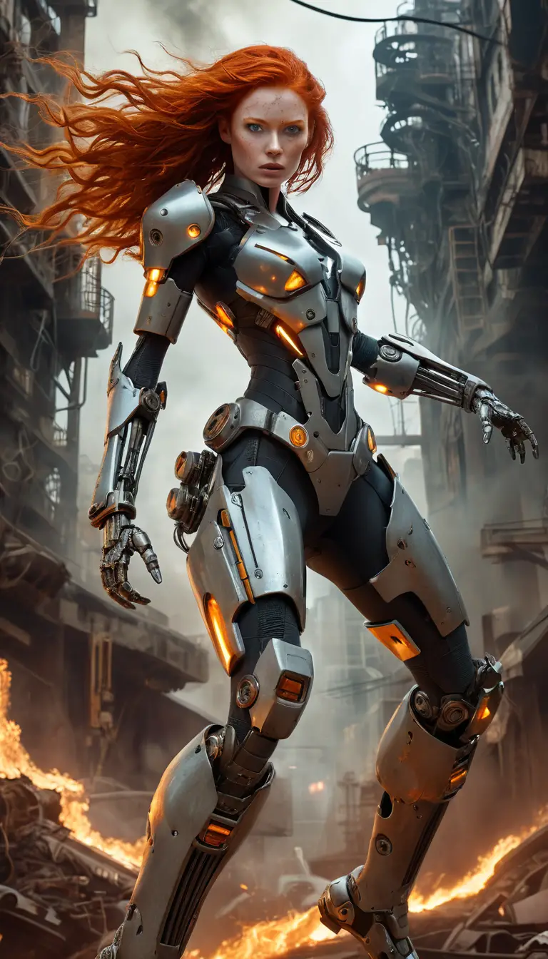 Redheaded cyborg woman leaping through industrial city flames