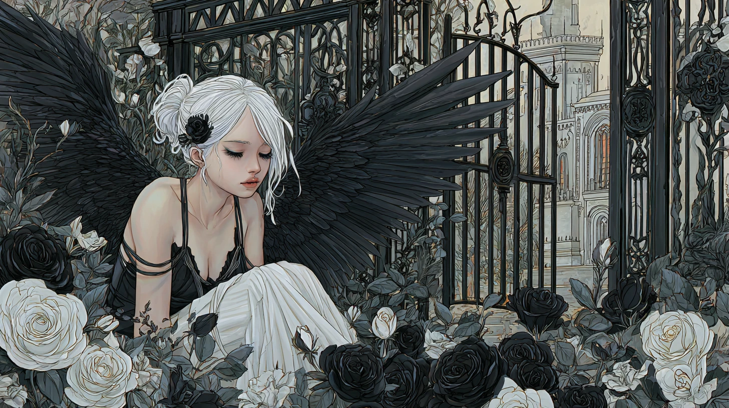 Anjo punk descansando entre rosas negras em um jardim sombrio