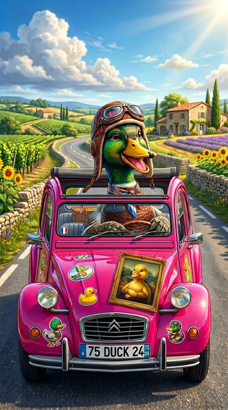 Pato alegre dirigindo conversível rosa em estrada rural