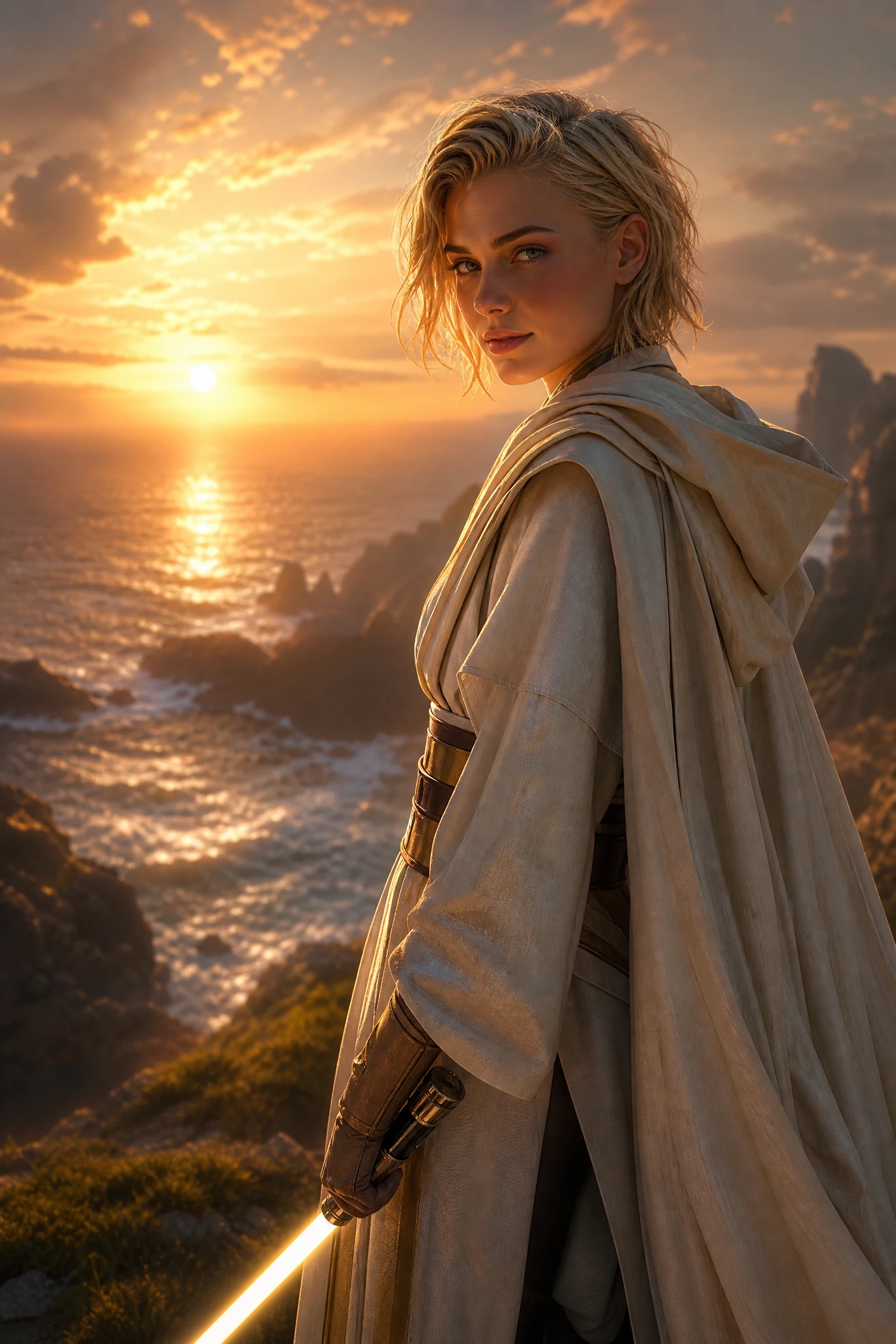 Junge blonde Jedi-Frau bei Sonnenuntergang am Meer