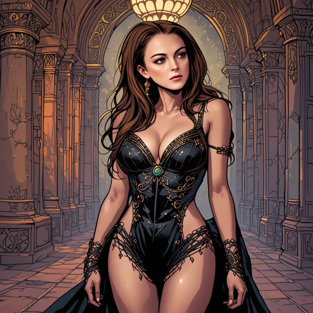 Curvy woman in black lingerie at ornate Arabian palace