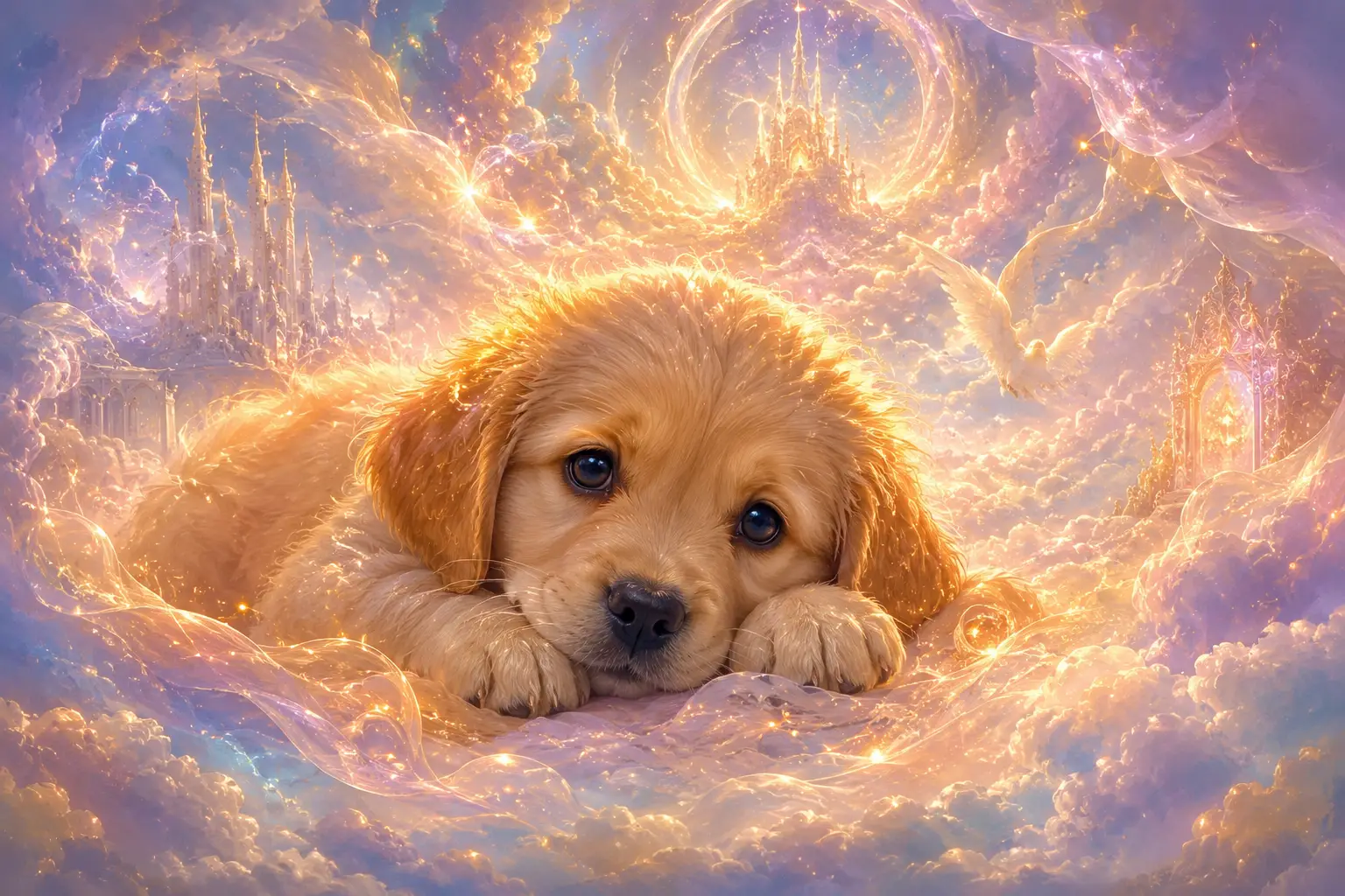 Golden-Retriever-Welpe, der in leuchtenden traumhaften Wolken ruht