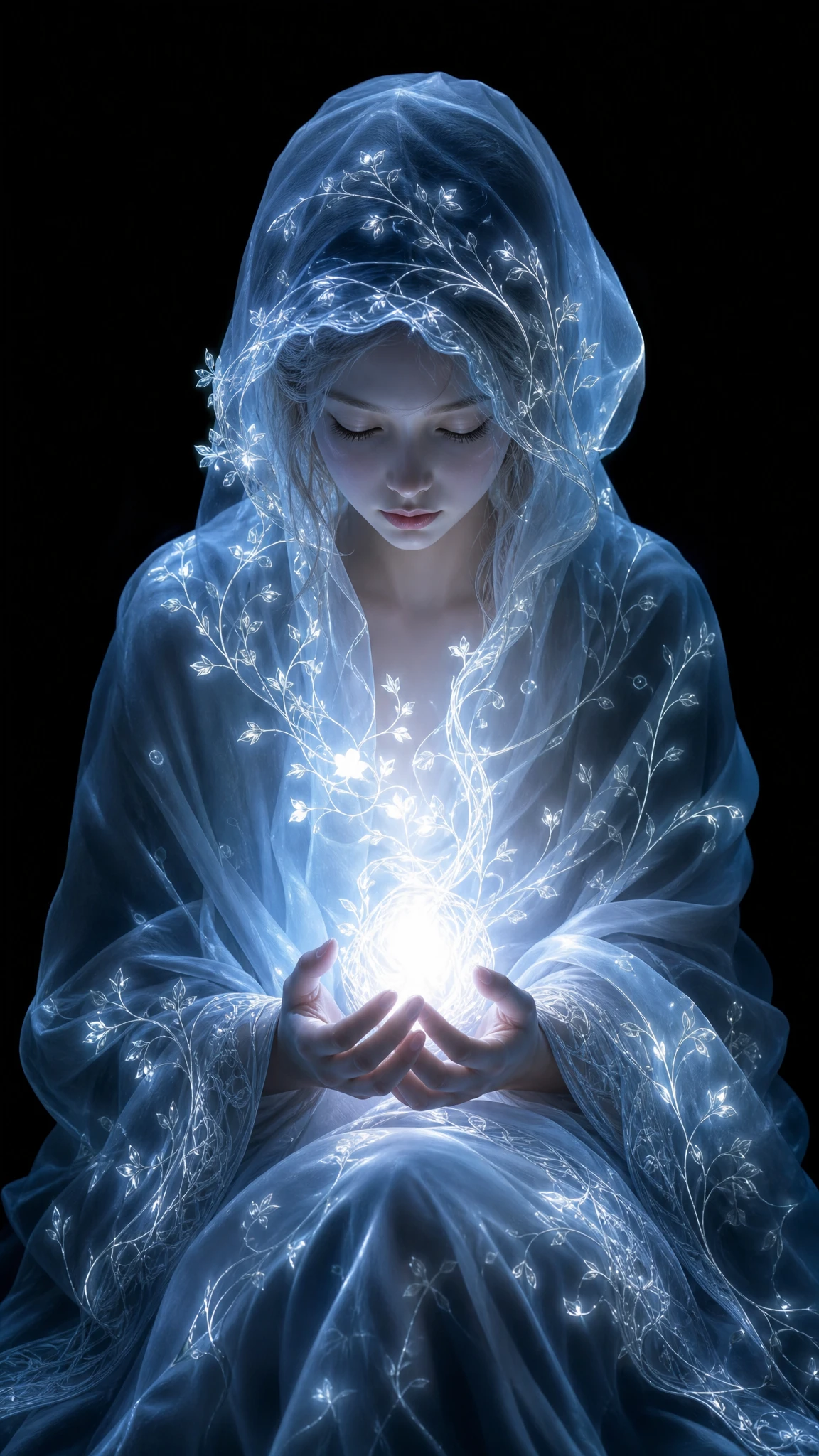 Femme éthérée tenant une lumière intérieure lumineuse dans l’obscurité