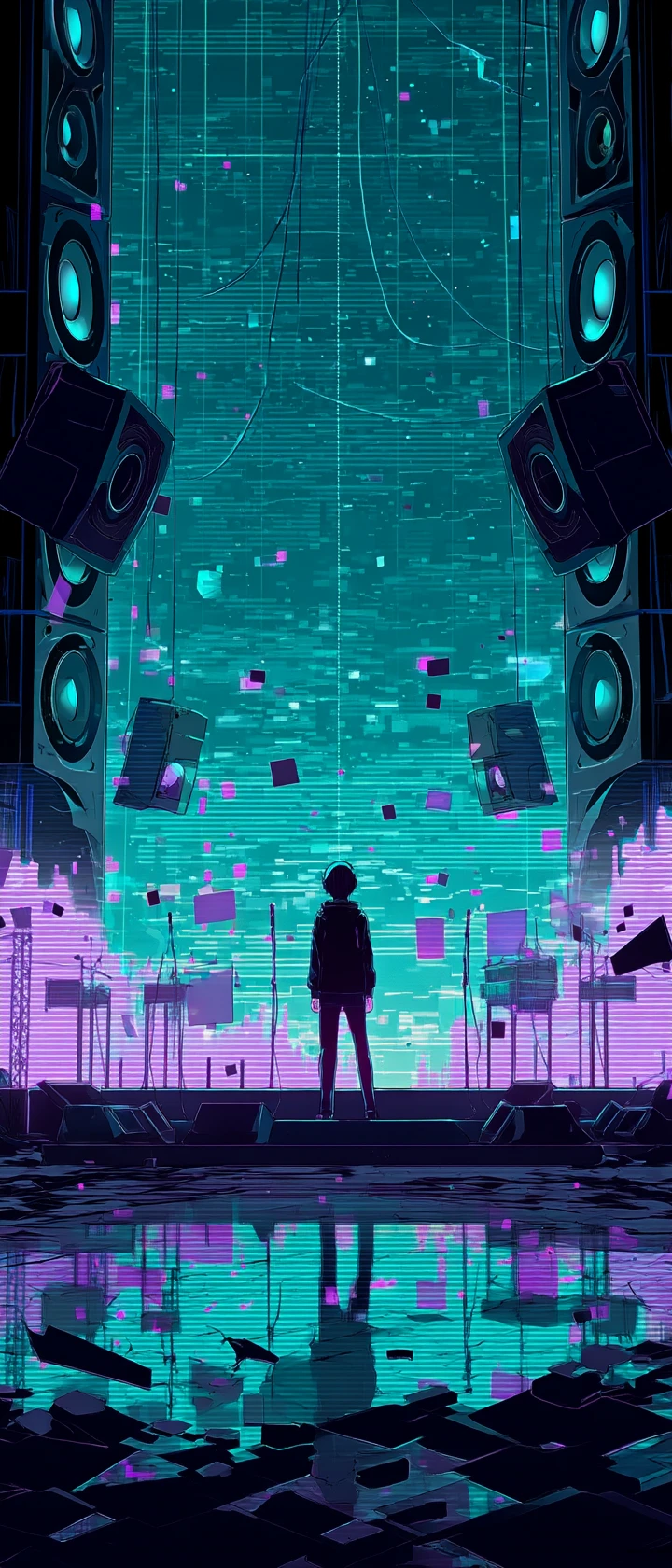 Músico de anime em palco holográfico neon com ondas sonoras estilhaçadas