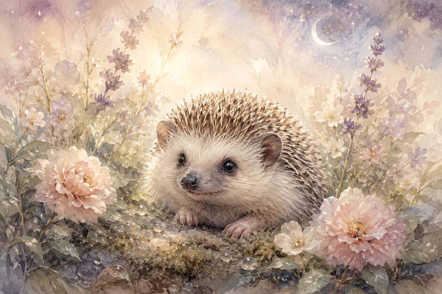 Filhote de ouriço fofo descansando entre suaves flores em aquarela